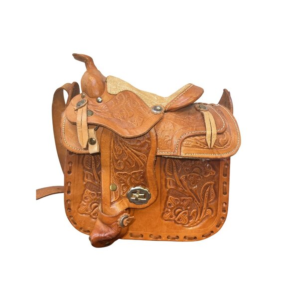 Handcrafted Western Saddle Shoulder Purse w/ Tooled Leather Floral Design - Picture 5 of 11